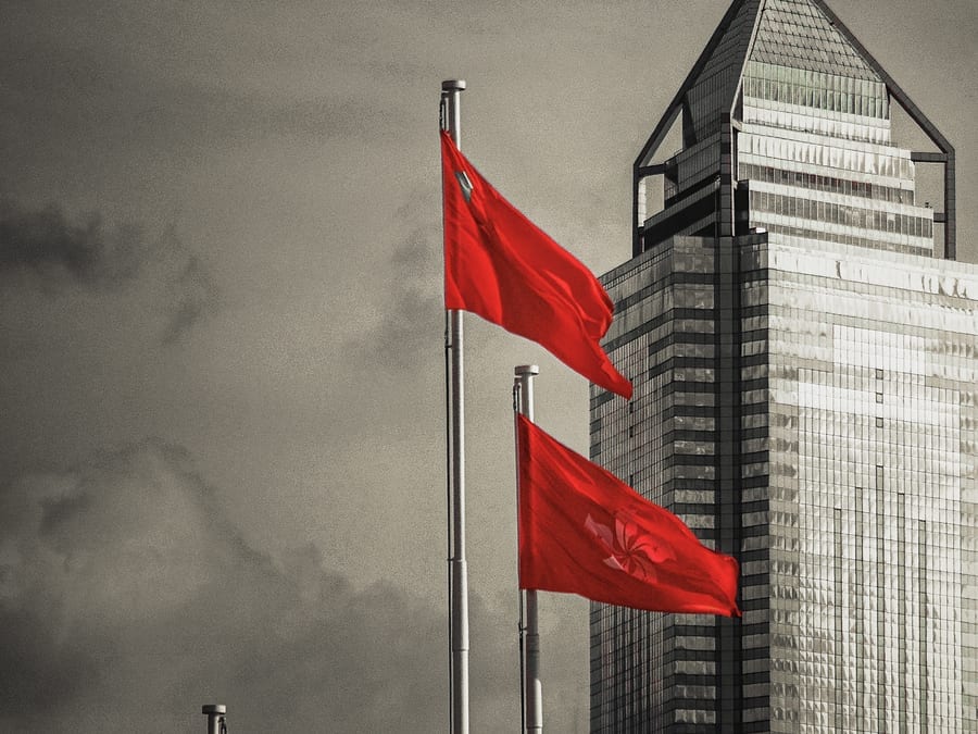 red flags in front of building