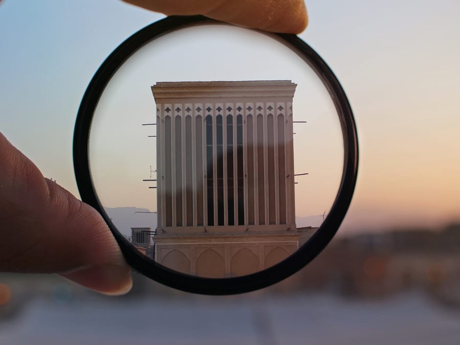 magnifying glass showing building