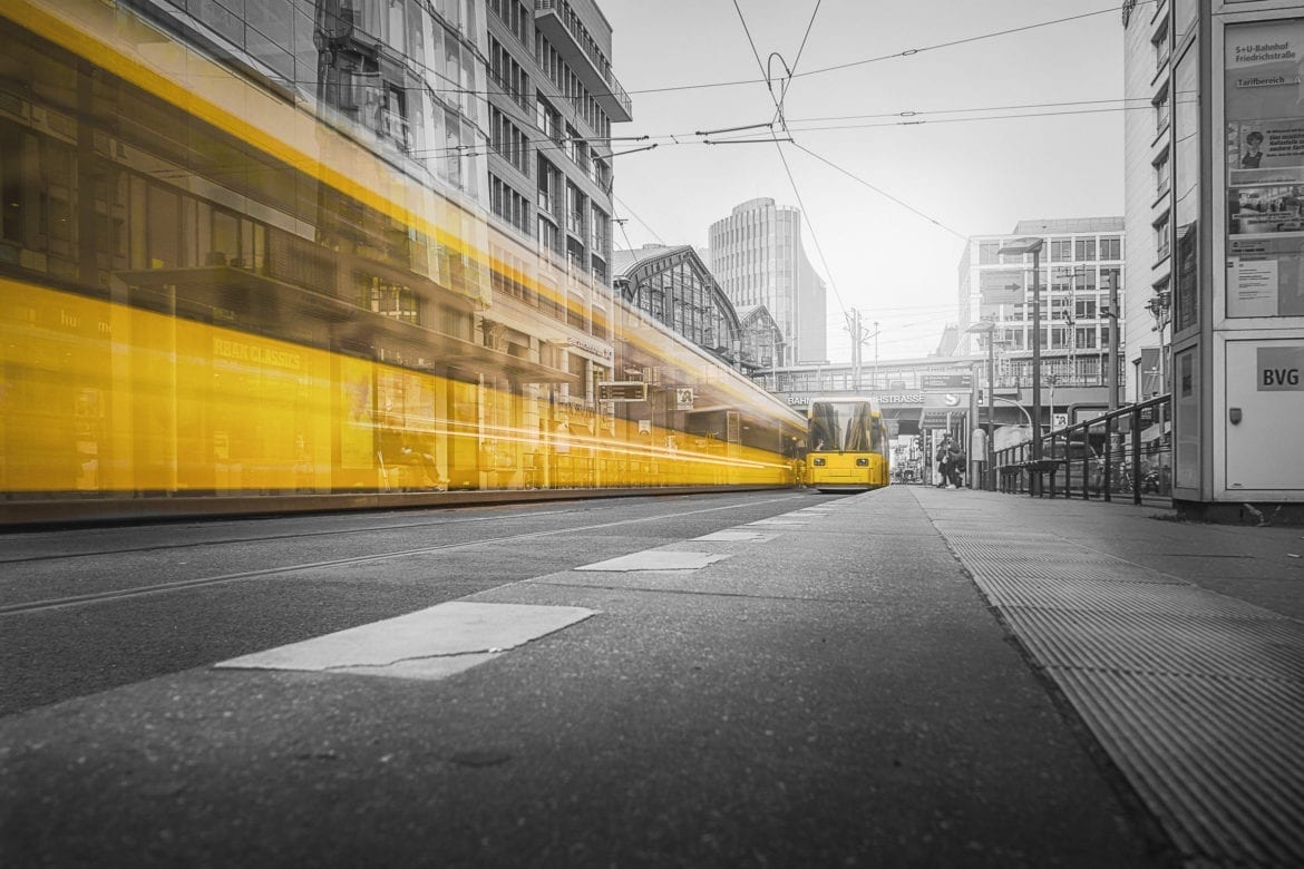 yellow trams in motion